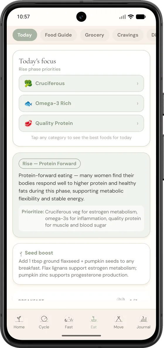 PeriFlow Eat tab with phase-matched meal suggestions